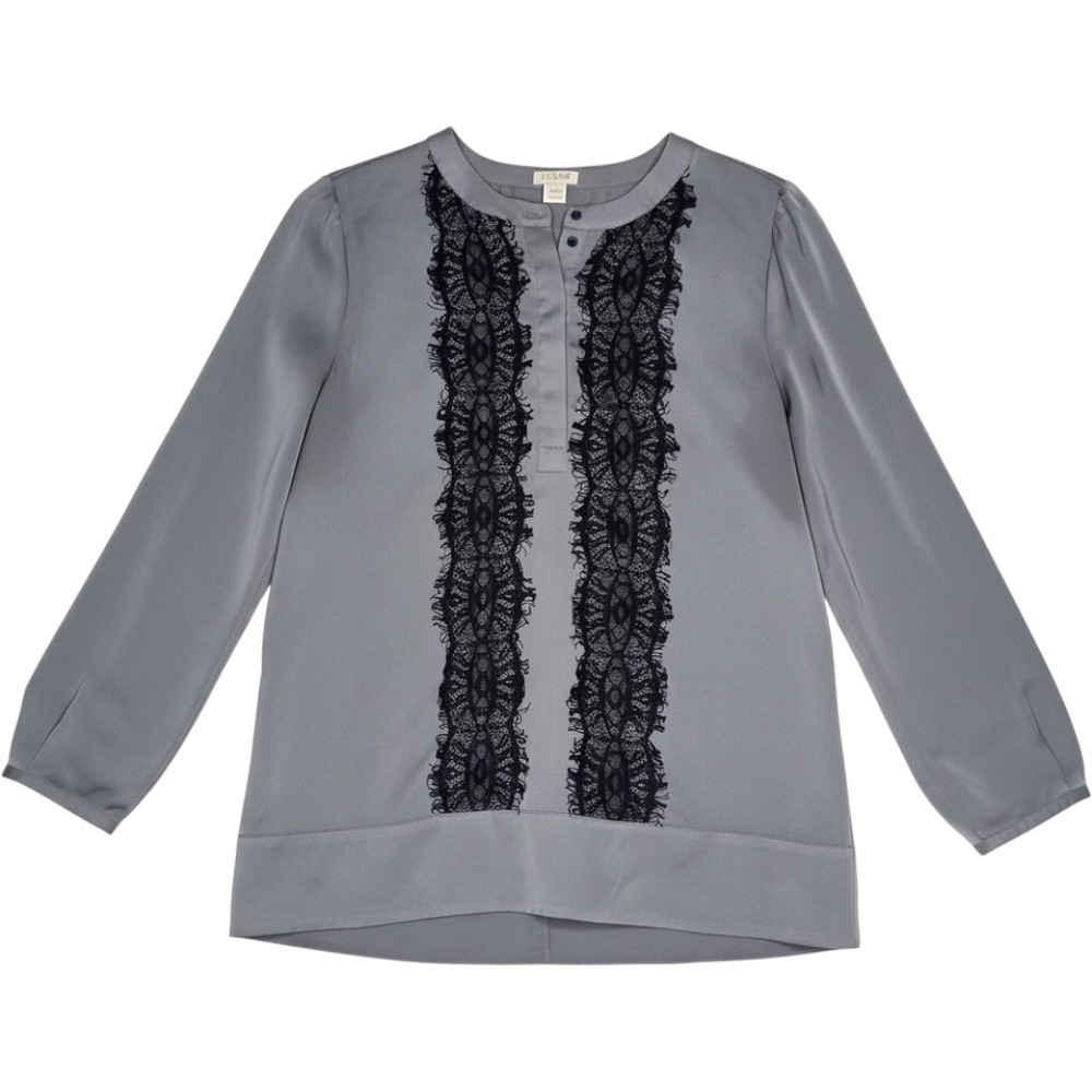 J.Crew Gray Black Lace Front Blouse Long Sleeve Button Top B5877 Small Petite